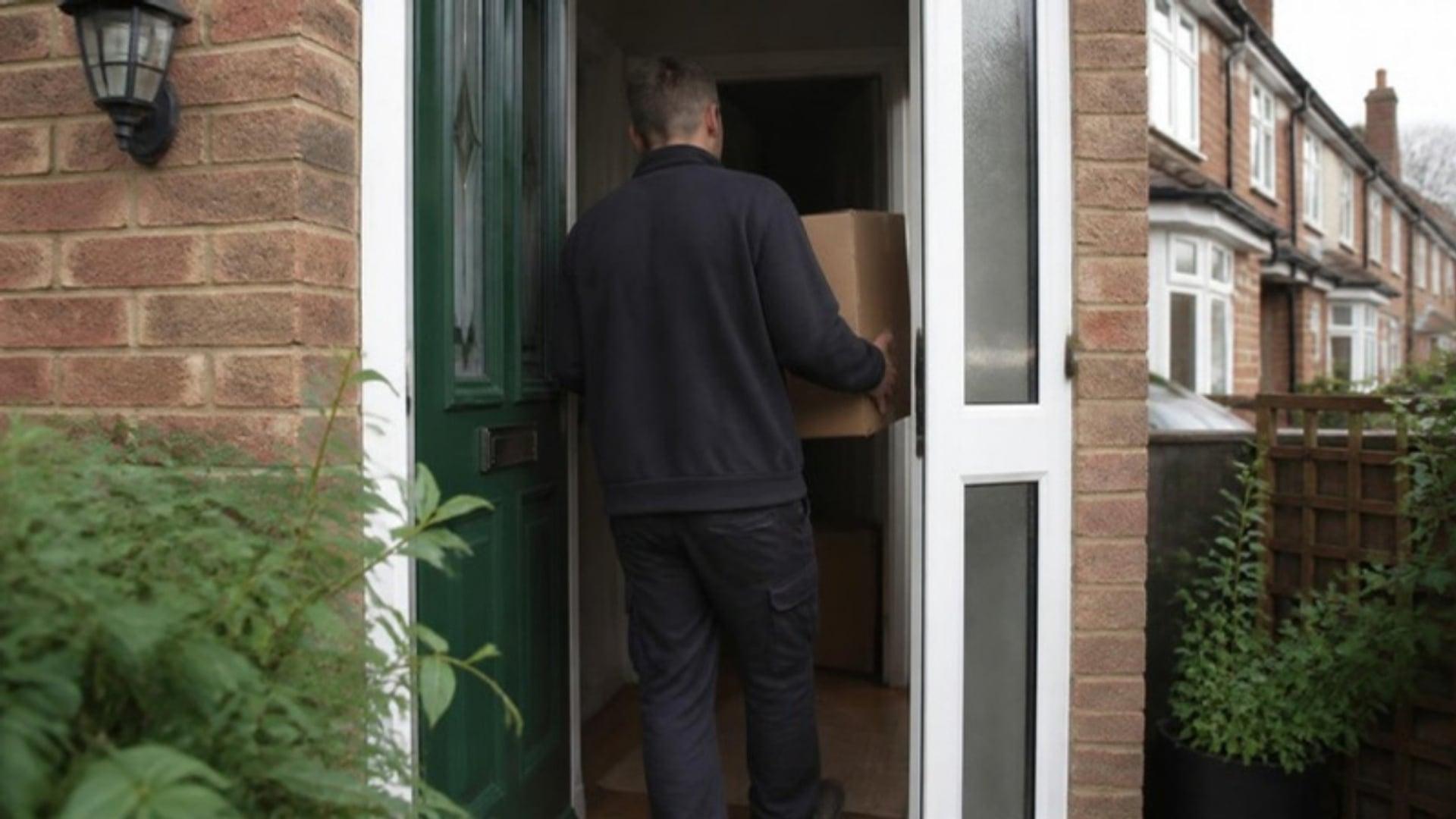 Removal boxes being carried into a customer's new home